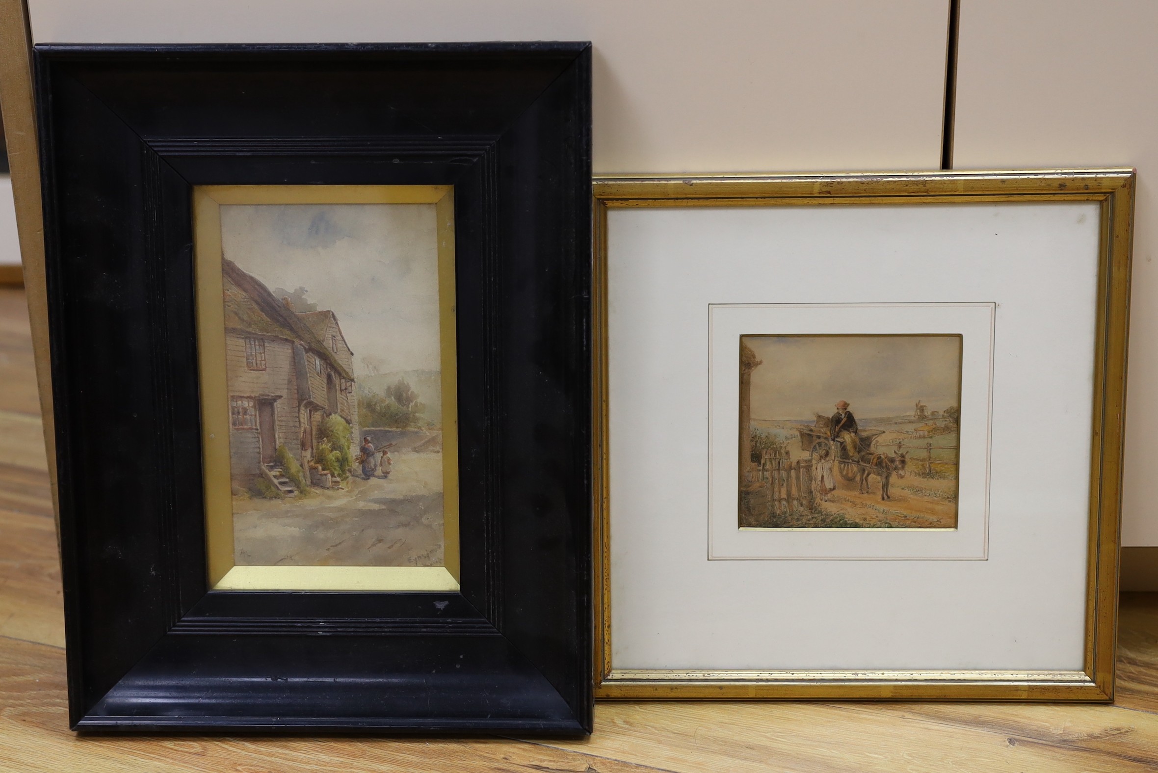 19th century English School, two watercolours, Fisherfolk beside cottages at Eynsford and Figures with a donkey cart, 20 x 12cm and 11 x 12cm